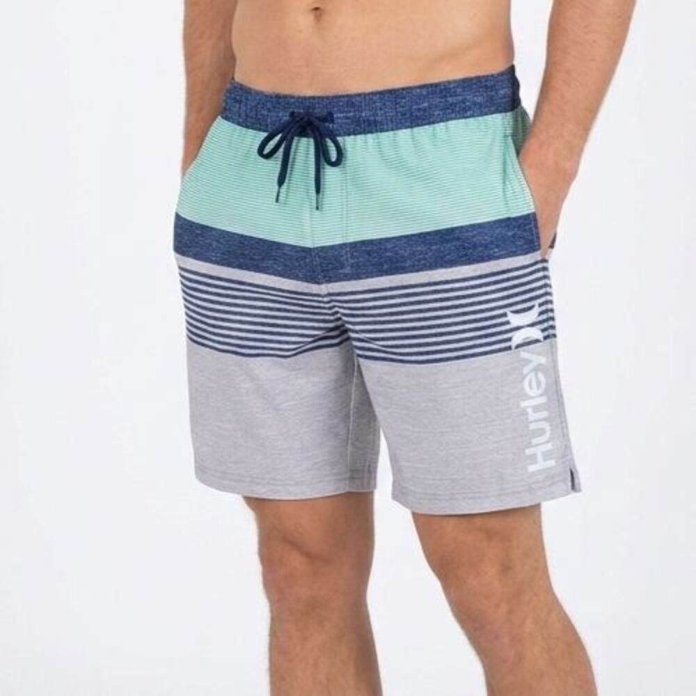 Hurley Men's Size L Blue Teal Striped Volley Swim Trunks Shorts 4-Way Stretch EU